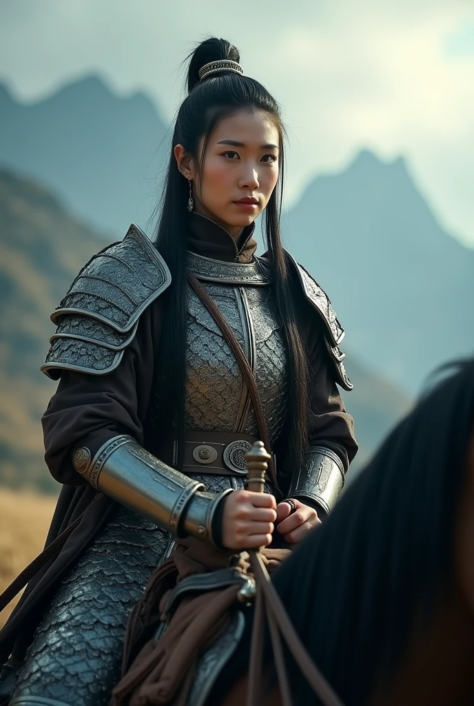 a  asian woman with beautiful detailed eyes, beautiful detailed lips, extremely detailed eyes and face, long eyelashes, pale skin, black hair, warrior, Genghis Khan, medieval historical armor, riding a horse, epic landscape, mountains, cloudy sky, dramatic lighting, fantasy, digital art, cinematic, highly detailed, 8k, photorealistic