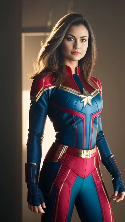 a girl as Captain Marvel marvel ,Bodybuilder, super strong, muscular, ABS, in background galaxy35mm lens, photography, ultra details, HDR, UHD,8K