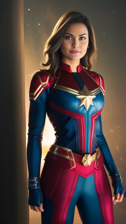 a girl as Captain Marvel marvel ,Bodybuilder, super strong, muscular, ABS, in background galaxy35mm lens, photography, ultra details, HDR, UHD,8K