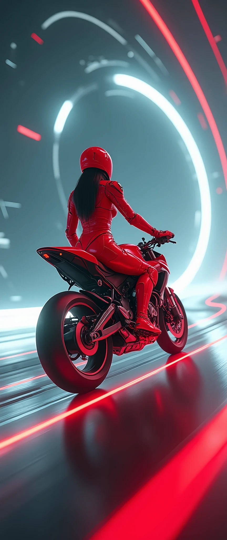 (masterpiece,8k,wallpaper),(Ray Tracing),(sf:2.0),(cyber punk:2.0),BREAK(Female Cyborg:2.0),(A woman riding a futuristic sharp red motorcycle:2.0),(Wearing a red powered suit:2.0),(Red Helmet:2.0),(Camera footage from the rear of the aircraft:2.0),BREAK(A motorcycle being sucked into a wormhole:2.0),(Expressing superluminal speed with a beautiful white line of light:2.0),(The background is a wormhole:2.0),(VFX:2.0,CG:2.0),(Motion Blur)