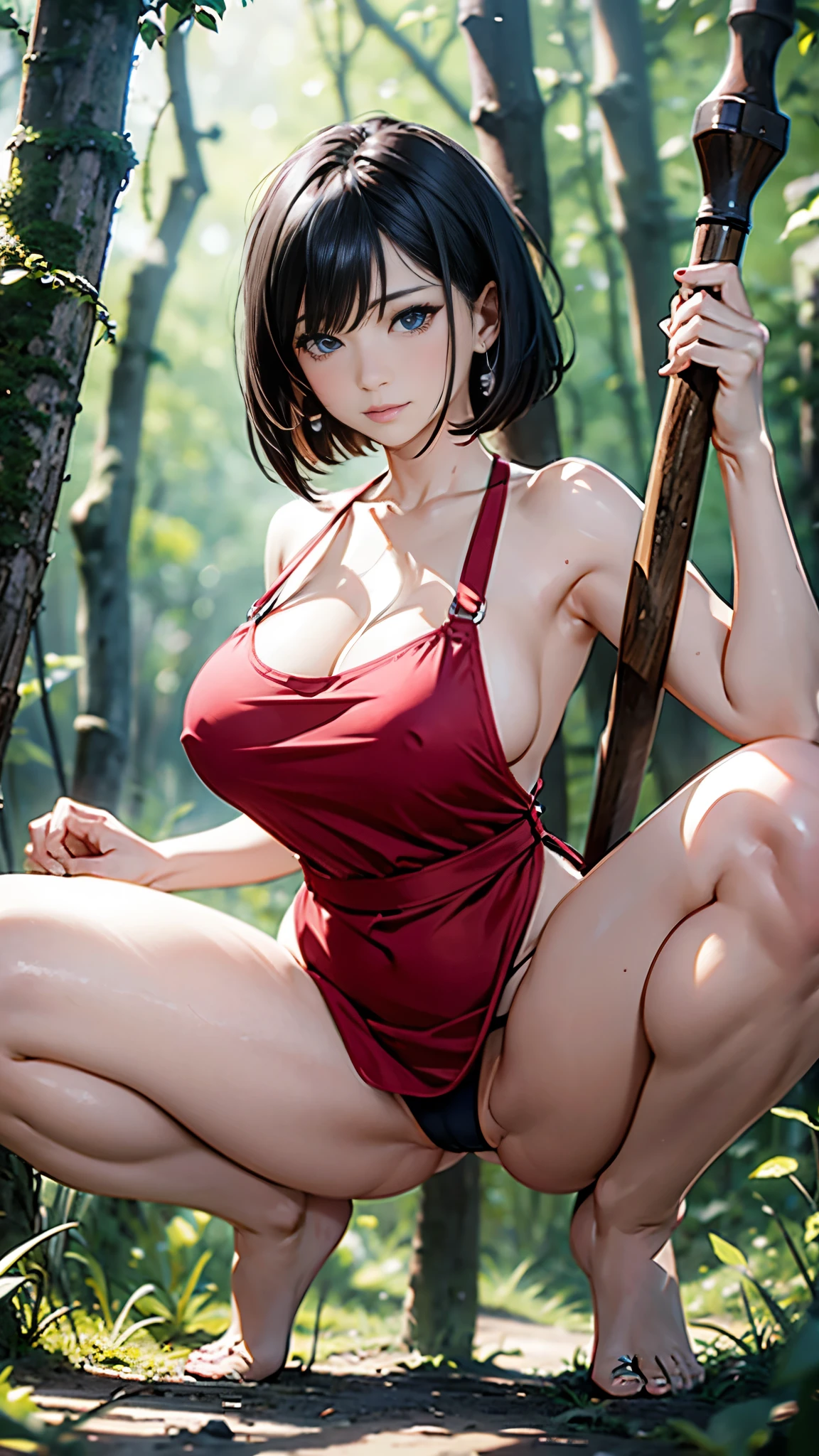 A beautiful woman completely naked and only wearing a red apron, with a toned body, one-length bob cut, black hair, doing sumo squats with her legs spread apart, carrying an axe on her shoulder, on a mountain path, surrounded by bears and rabbits.Best quality, ultra-realistic and highly detailed colors, lots thing, unbelievably huge saggy breasts, tight waists, super beautiful women, one shot per screen,