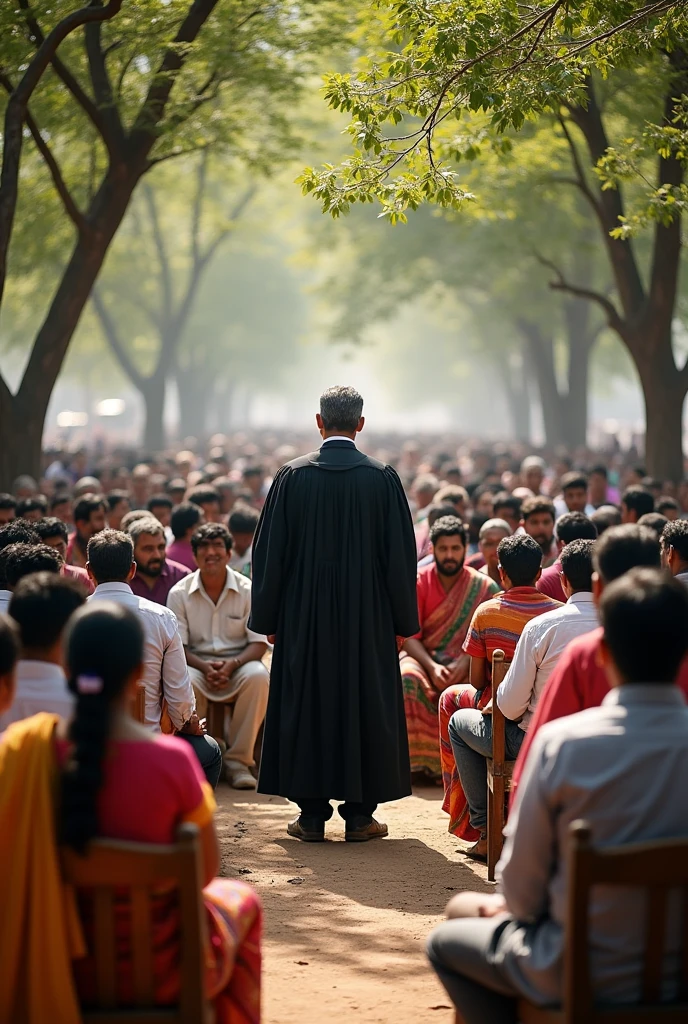 Mobile Courts' proceedings happening with Judge wearing black in centre and advocates in left & right of him with Indian audience.