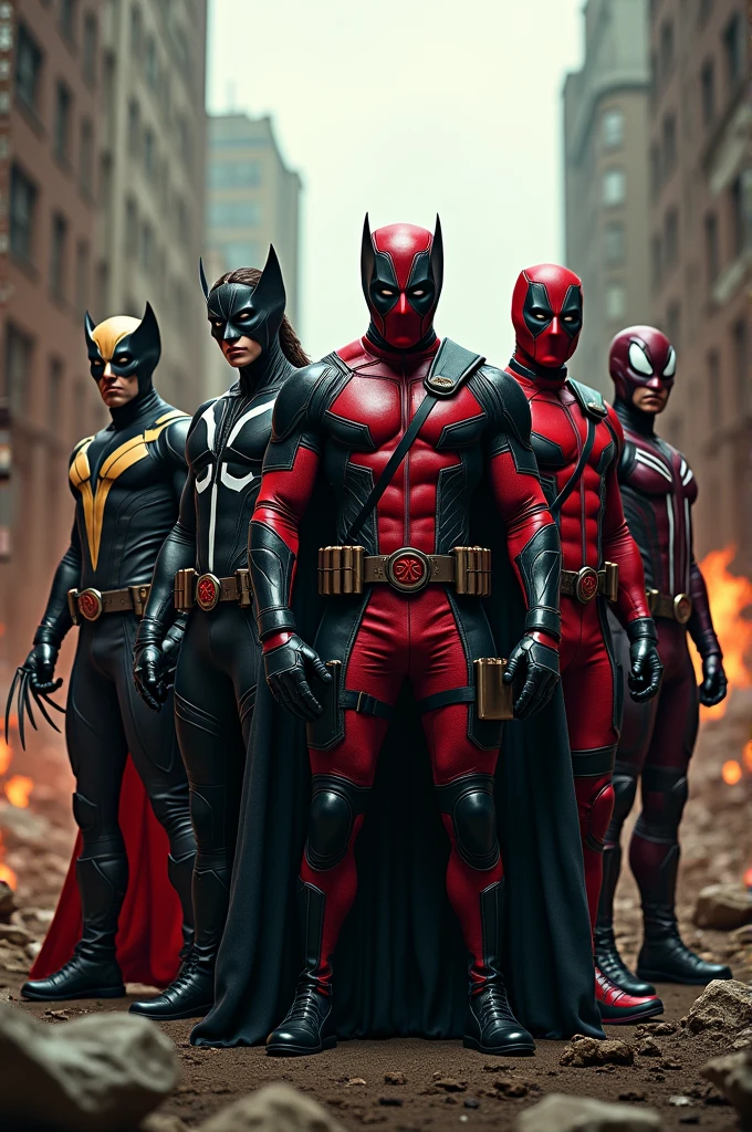 A group of 5 comic book characters - Dr.Doom, Wolverine, Deadpool, Venom, Winter Soldier, wearing black, red, and gold patterned costumes, standing in a dramatic pose, highly detailed, cinematic, comic book style, dynamic composition, vivid colors, blockbuster movie poster, 4k, photorealistic, studio lighting, sharp focus