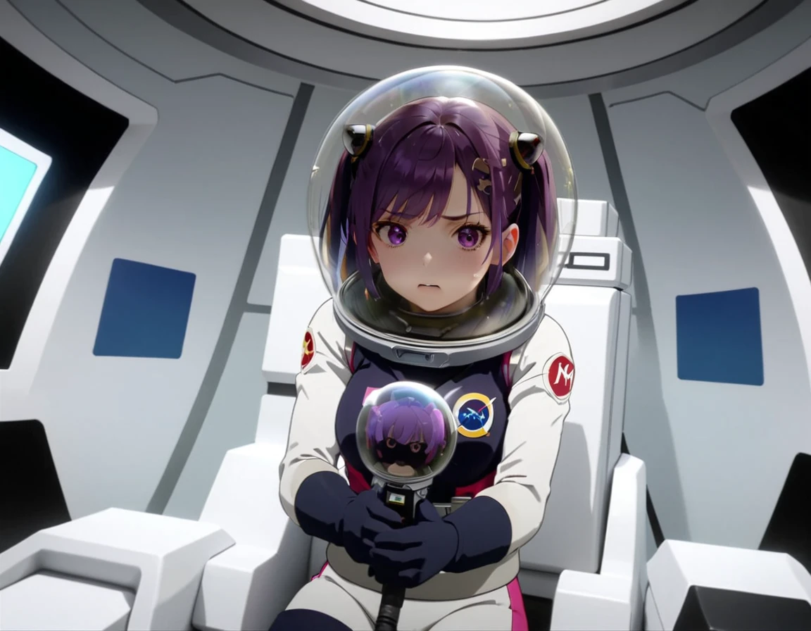 eva helm, spacesuit , astronaut), , hair, bubble helmet, space helmet, (1girl:1.1) wearing a (spacesuit:1.15), white cargo pants, (ugh, wtf do these buttons do:1.3), inside the cockpit of a (futuristic spaceship:1.1), sitting in the captains chair, (intricate control panels:1.3), (gleaming metal:1.1), surrounded by many buttons and dials and gauges, (confused:1.3), (worried expression:1.1), (nervous:1.1), concerned, beautiful 8k wallpaper, highly advanced, (sleek design:1.3), intricate, highres, superb, 8k wallpaper, extremely detailed, intricate,  above, keqing