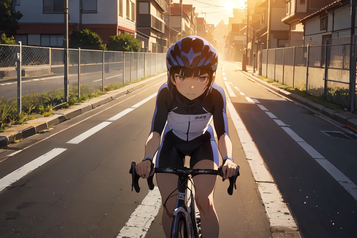 ride a bicycle, (ruri gokou), woman, alone,Hime cut, Mole under the eye, ((aero cycling helmets)), Cycle pro team wear, sunset, Road race, Light and shadow, Intense sunset, dramatic, Beam of light, Backlight, cool, Hero Style