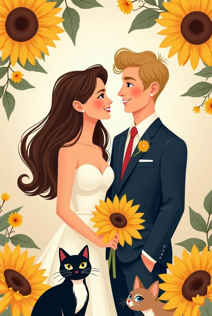 An elegant and captivating illustration of a chic and minimalist wedding invitation design. The design showcases a portrait of a radiant smiled bride with sleek, wavy brown hair and dark-brown eyes, and a dashing groom with voluminous, wavy blonde hair and blue eyes. The couple's two cherished cats at the corner, Ponyo, a noble, short haired black female, and Roku, a charming black and white male with a curious amber eyes, grace the corner of the invitation, adding an enchanting touch of whimsy and endearing charm. add sunflower theme