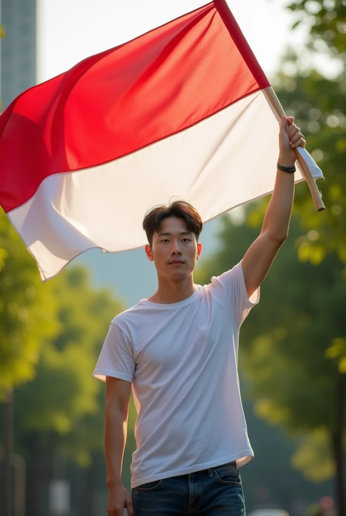 30 year old man,korean face,holding the Indonesian red and white flag