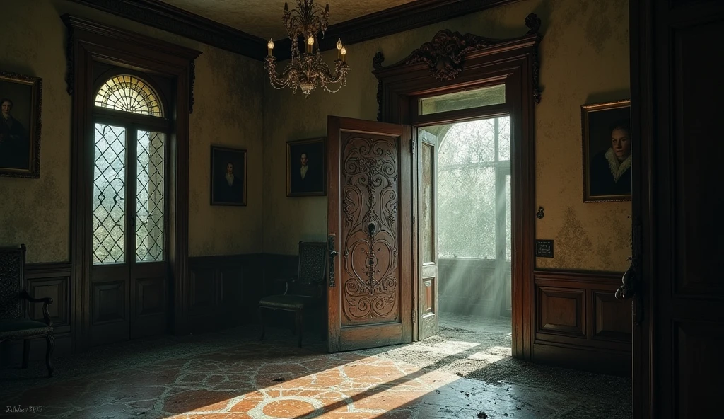 A mansion door suddenly closing by itself with a loud thud