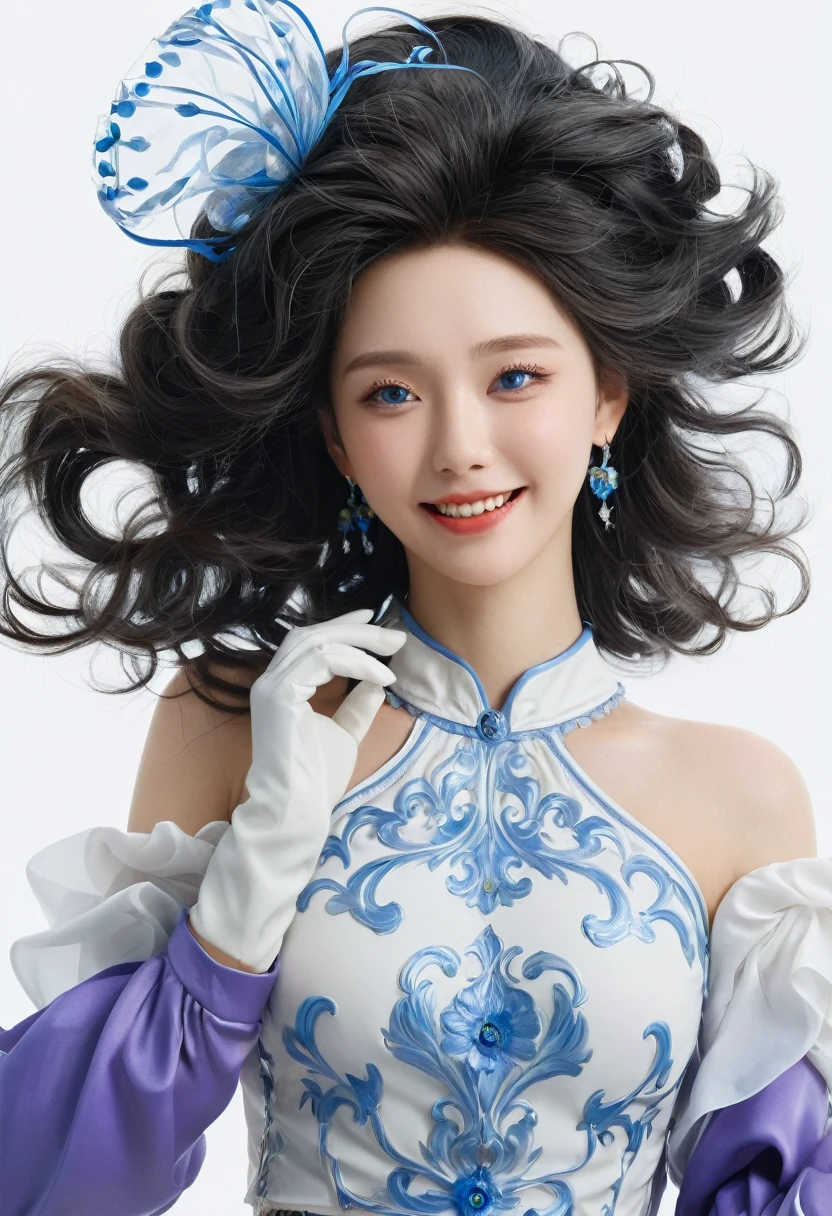 korean,realistic, masterpiece, final details, photo realistic, intricate details, octane rendering, 8k, 1 girl, perfect face, pretty face, NSW Sports Federation, Slot Reference, detailed hair,, black curtsey, black Gloves, black legs, blue eyes, blue hair, curtsey, clavicle, skirt, Drilling hair, flounce, flounce, Gloves, Gwen, headskirt, high resolution, long hair, open your mouth, puff sleeves, purple eyes, laugh, lonely, white skirt, oily skin,