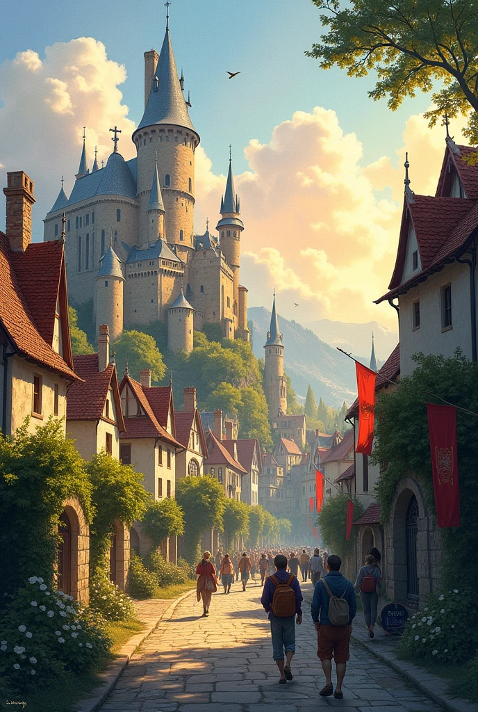 watercolor、middle ages、Cityscape seen in the distance