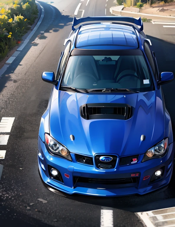 Single seater car, 2015 Subaru AND WRX, hyper blue, premium model, sunroof, omitted, black wheels sti, front intercooler, uphill race, bitumen single lane road, rural background, view from front angles, HDR, photo realistic
