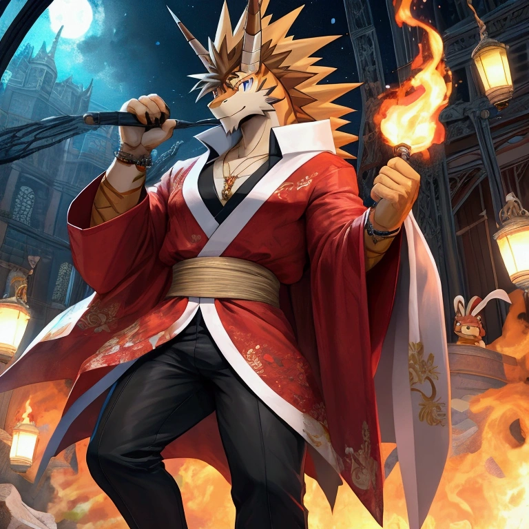 ((Highest quality,8k，Absurd Resolution，16K, masterpiece: 1.3)),kimonoを着た男とオオカミ，A man in a kimono with a wolf in the background, An homage to the wolf，Dragon, 人間とDragonの調和, good looking，Japanese demon boy, Fusion of demon and boy，blade，アートのgood lookingな男, Grand and elegant, Inspired by Art Station trends, crimson clothes, Black and red suit, Very detailed fan art, Dandy，Male vampire，悪魔の少年とオオカミのIndividualityな組み合わせ，characteristic，kimono，Colors and painting are fantasy themed，Elements that emphasize the fantasy image，stop temporarily，Performance, Beautiful Eyes，attractive，雰囲気をPerformanceする，Individualityなデザイン，Extremely detailed，Glow effect，Hyperrealistic，Detailed face，緻密でDetailed texture，映画の様なOne Scene，Professional Configuration，Dynamic Angle，Description of the whole body，Ultra Wide Angle，Original elements，Individuality，Professional Lighting，symbol，Sharp focus，8K Ultra HD, HDR，Unique Design，One and only，A magnificent composition，One Scene，Anime Style，Studio Lighting，Ultra Wide Angle，Original elements，Detailed texture，Full body description，Dynamic Angles，Iconic，Dynamic Lighting，Professional Color Grading，original，Extreme detail，Glow effect