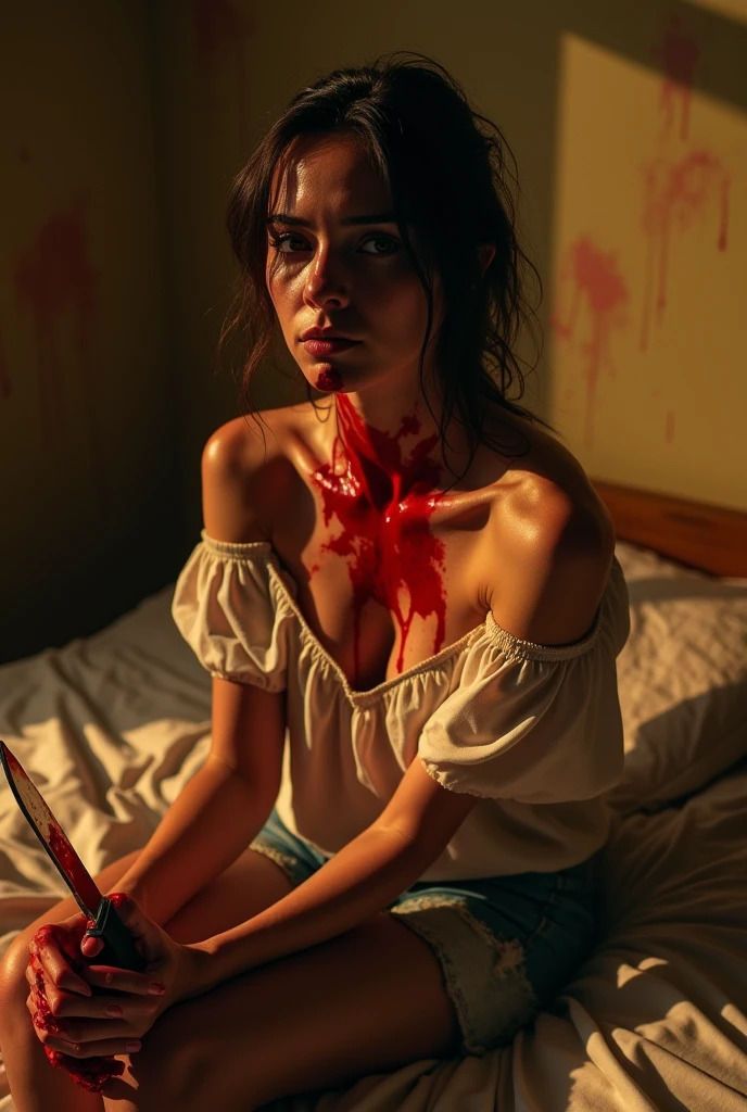 (photorealism:1.2), beautiful woman, sitting on bed, wearing loose off-shoulder top, holding bloody knife. Bloodied and wounded, gore, injured neck, crying in pain, warm colors, horror , (throat slit:1.5)