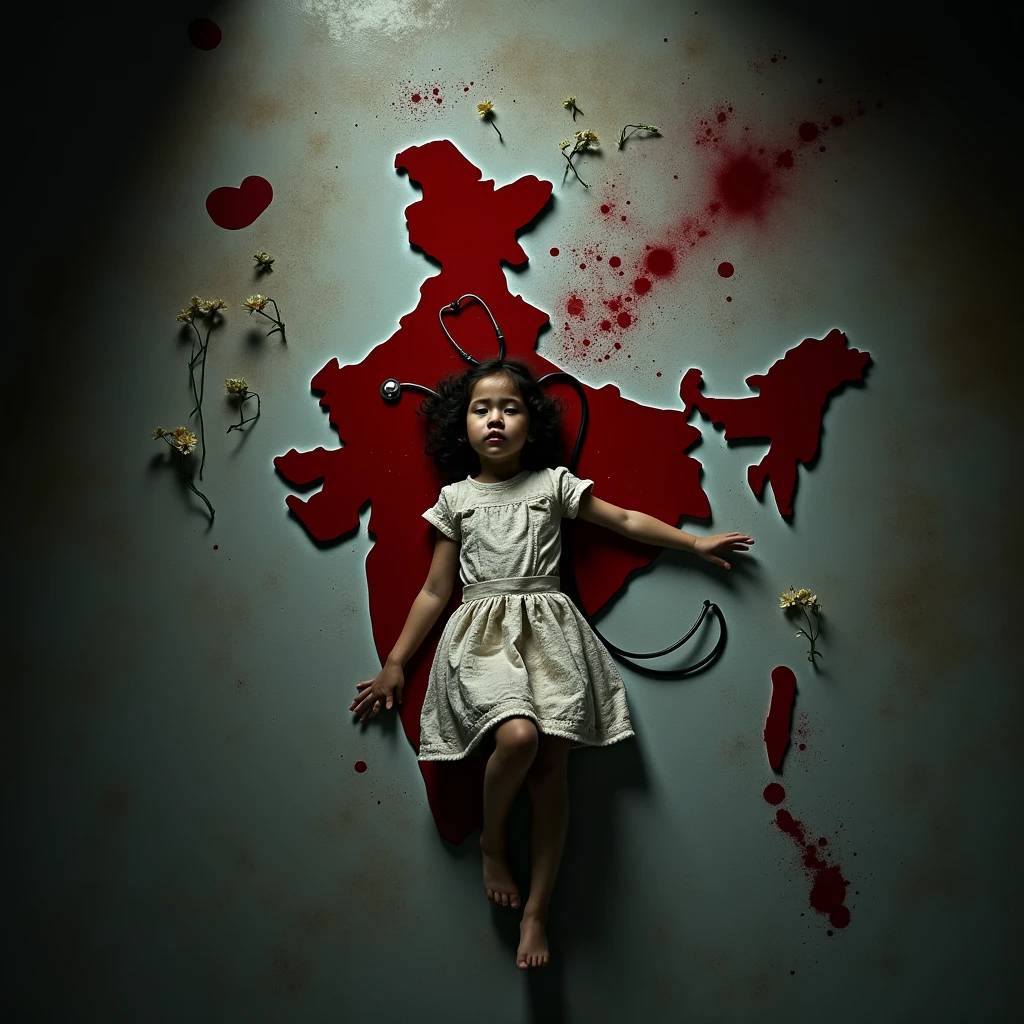 /Imagin Dead Indian doctor girl lying on the map of India The map of India is made of blood and is lying on the floor with a stenthoscope around her neck injured girl