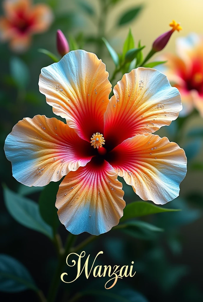 A single diamond-studded hibiscus flower in red,kuning,blue,putih beserta nama wanzai