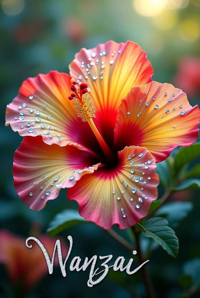 A single diamond-studded hibiscus flower in red,kuning,blue,putih beserta nama wanzai