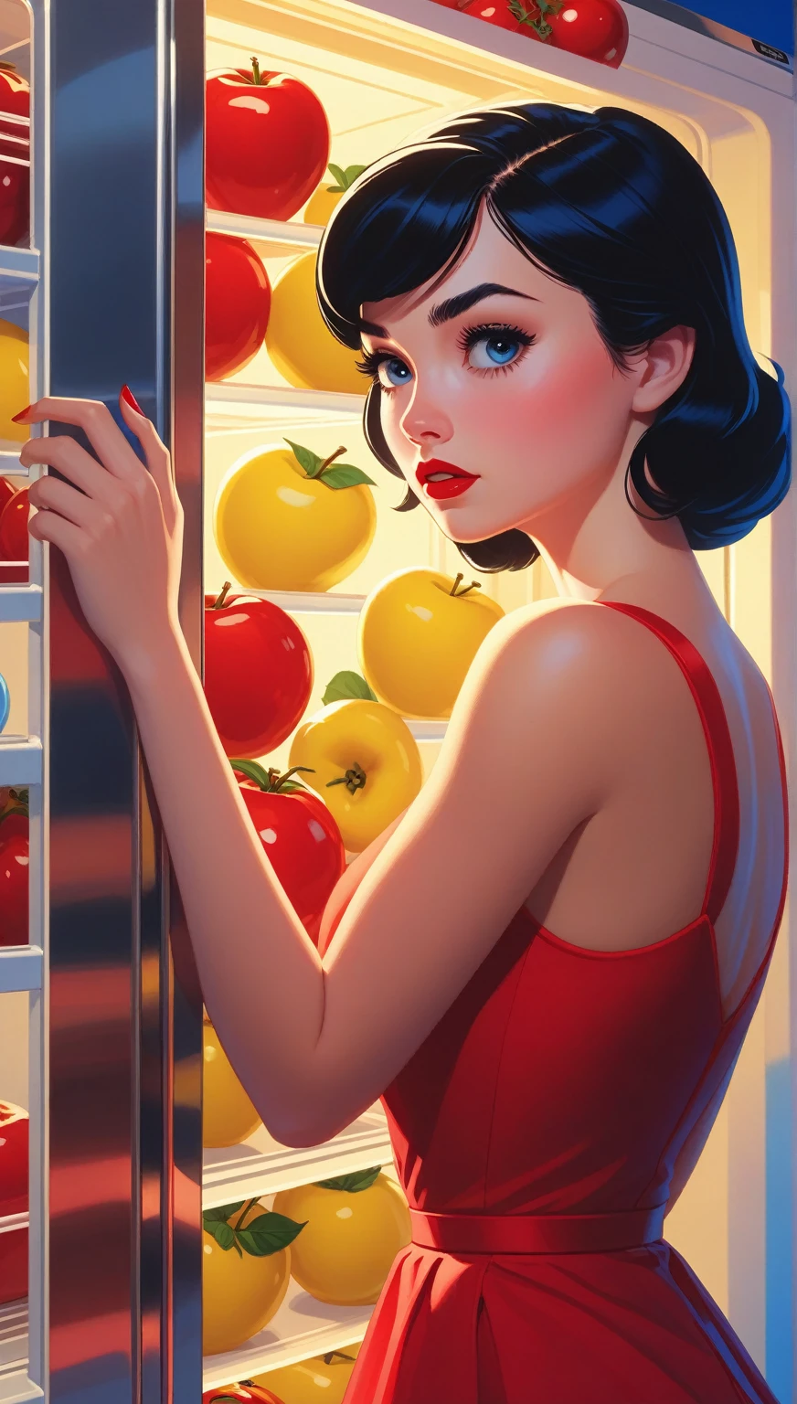 A close-up of a woman in a red dress , blue and yellow looking inside a refrigerator.,  Snow White, Art Style : Ilia Kuvshinov, artgerm and Ilia Kuvshinov, Ilia Kuvshinov. 4k, adam hughes, Betty Cooper, ( Ilia Kuvshinov ), inspired by Ross Tran, In the style of Ross Tran,