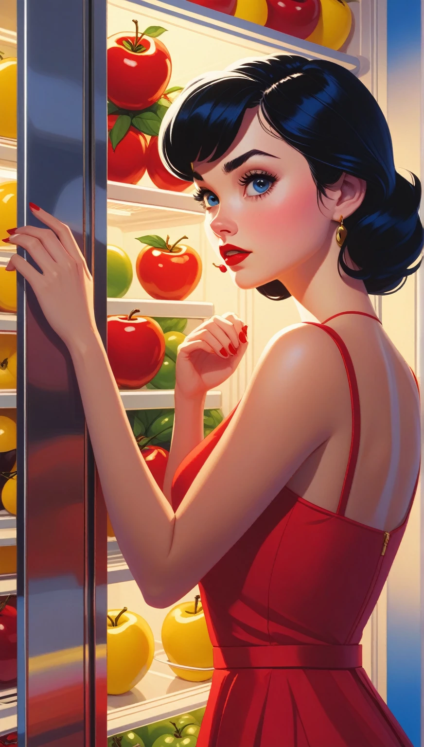 A close-up of a woman in a red dress , blue and yellow looking inside a refrigerator., Snow White, Art Style : Ilia Kuvshinov, artgerm and Ilia Kuvshinov, Ilia Kuvshinov. 4k, adam hughes, Betty Cooper, ( Ilia Kuvshinov ), inspired by Ross Tran, In the style of Ross Tran,