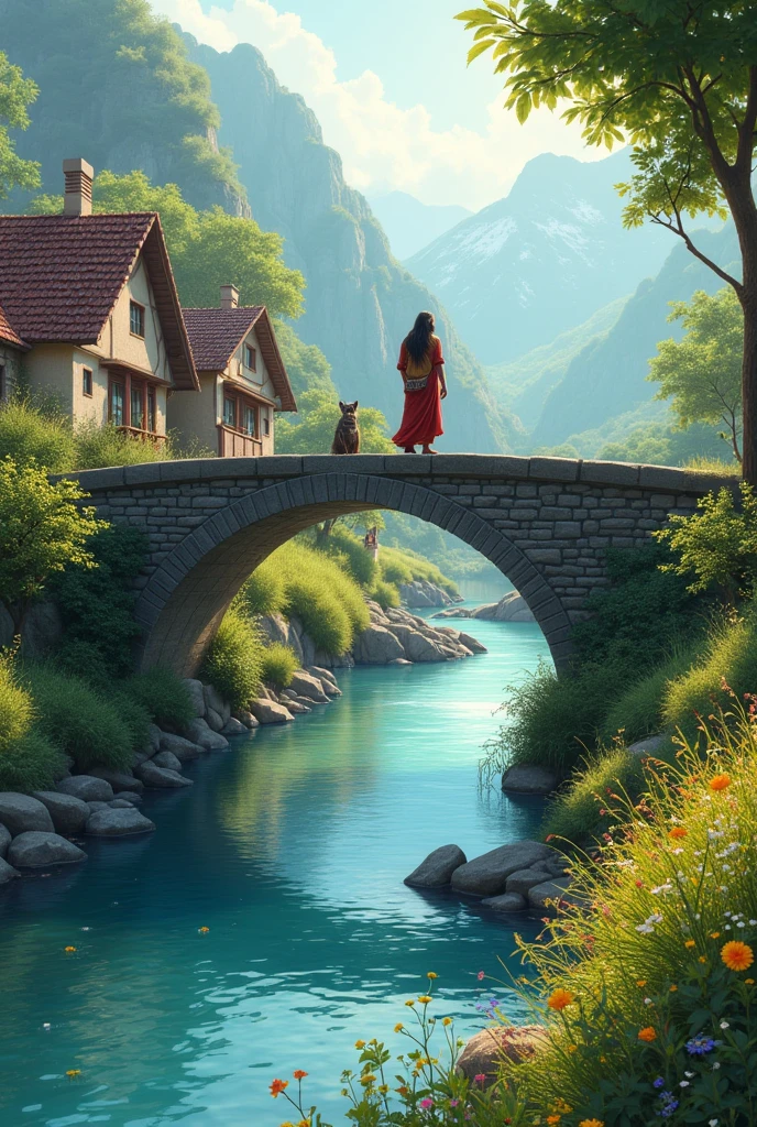 Create a picture of a village river a bridge on it.add a turbine on the left side.add rajit alam anf chute on the bridge. Add long beard at rajit alam