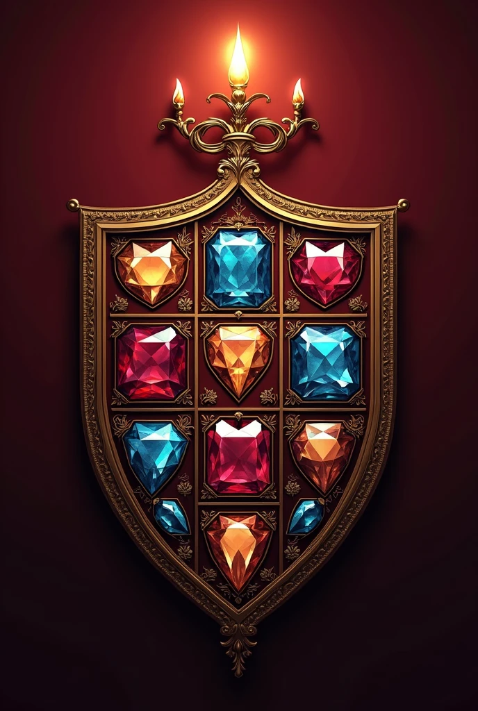 "Create a logo in the form of a shield (coat of arms) with a prominent Marsala color theme. In the center of the shield, include 12 colorful gemstones arranged in a grid pattern. Incorporate a candelabrum into the design, positioning it above or integrated with the stones. Add the phrase 'Geração Levi' prominently within or below the shield. The overall style should have a Christian symbolism, reflecting a balance of elegance and reverence. Use intricate detailing around the edges of the shield to give it a classic and refined look."