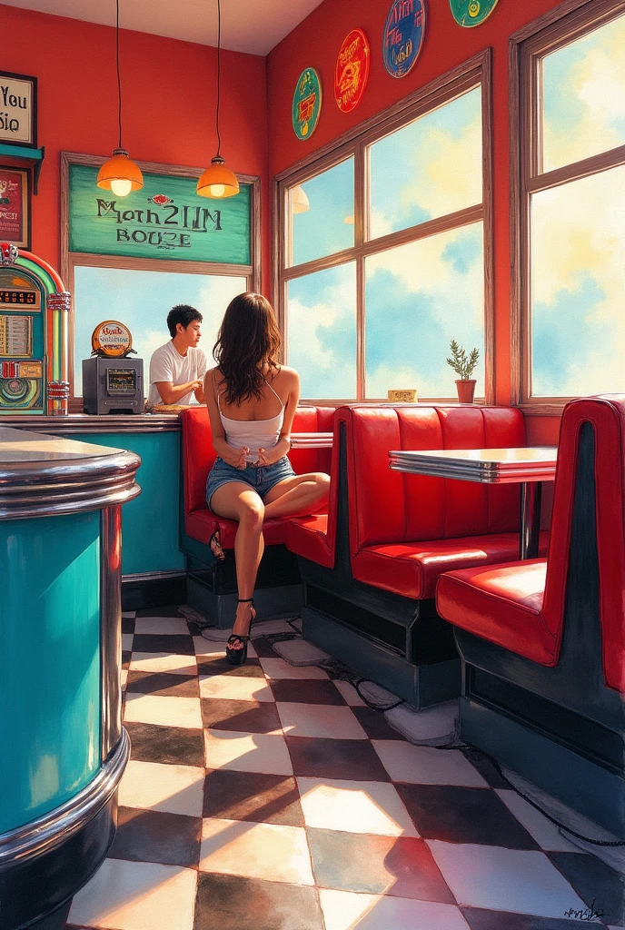 Watercolor painting capturing a woman seated in a retro diner, pastel-hued jukebox in the corner, checkered floor reflecting soft glow of neon signs, booths lined with classic red leather, ambient hints of a bustling kitchen, sunlight filtering through large front windows casting gentle shadows, woman's silhouette sharply defined against the backdrop of a chrome-edged counter, mid-century modern, storytelling composition, warm color, Watercolor, trending on artstation, sharp focus, studio photo, intricate details, highly detailed, by greg rutkowski