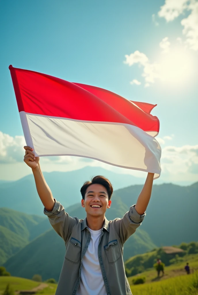 25 year old man,korean face,holding the Indonesian red and white flag