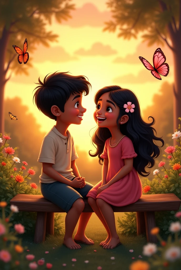 Make a image of indian boy and girl setting on the bench in garden at sunset