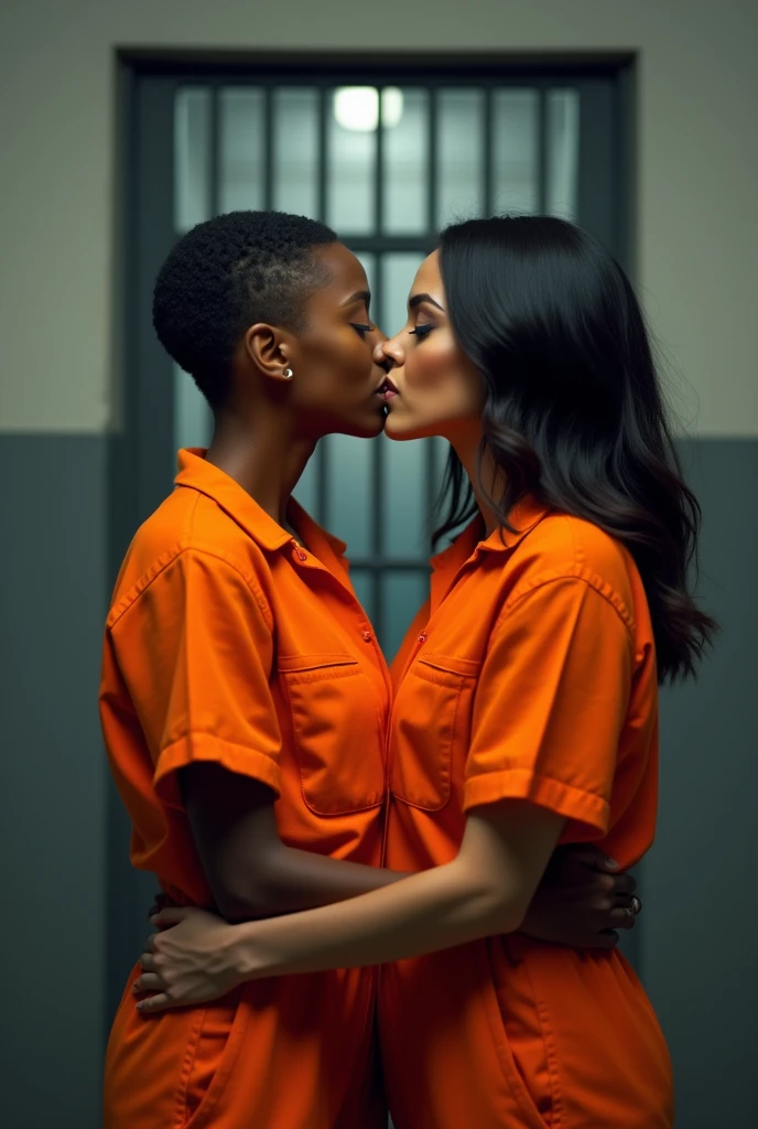 Photorealistic, 2 female prisoners kissing, a black and a Latina woman, 20 and 40 years old, orange prisoner jumpsuit, short haircuts, high resolution, 4K, UHD
