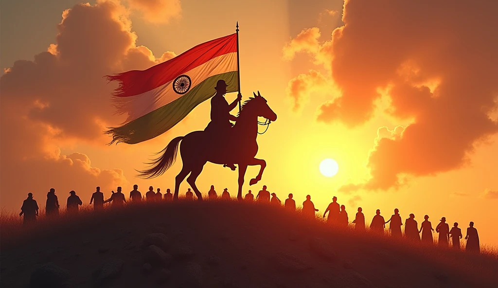 "A majestic depiction of Maharana Pratap standing on a hilltop, holding his sword aloft with the Indian flag waving behind him. His figure is strong and resolute, representing the ideals of freedom and honor. Below him, a vast crowd of people from different eras, all looking up to him for inspiration. The scene captures the timelessness of his values and the unbroken chain of courage that he represents."