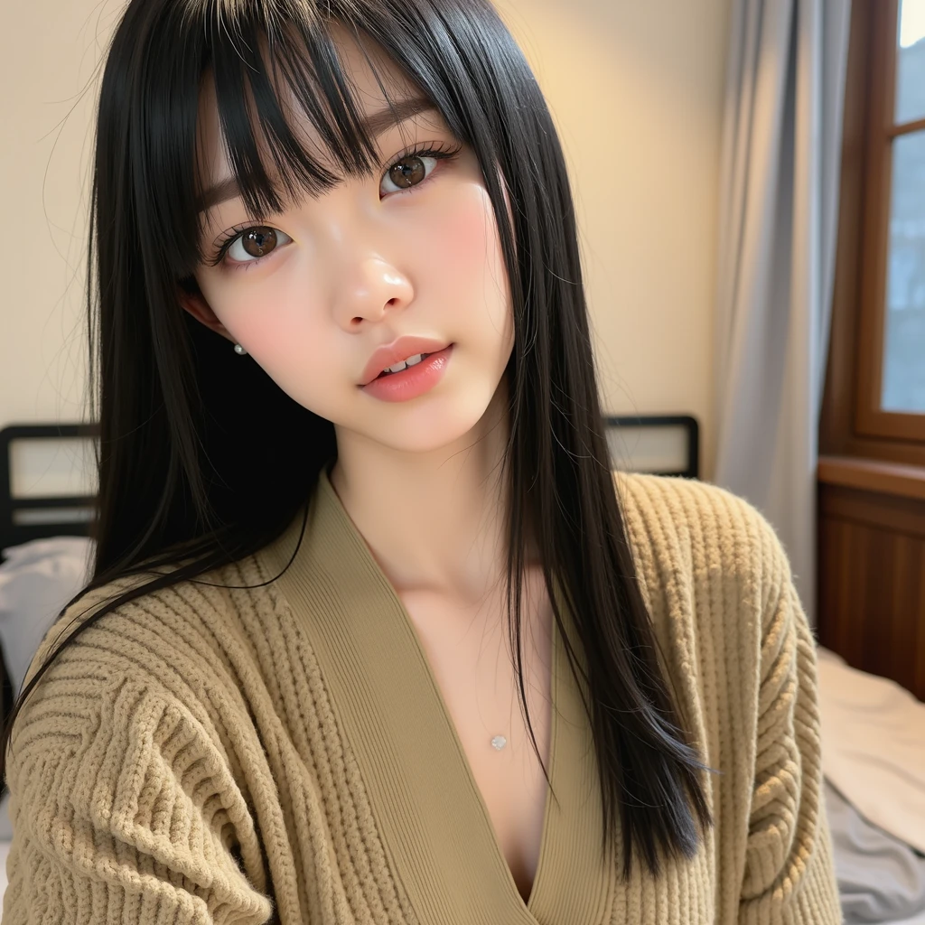 Wearing a knitted sweater & mini skirt, (Lift up your skirt to show your underwear:1.3), Realistic photo, of Japanese, nude, Lie on the bed with your legs spread, The lower body is a futuristic machine, Detailed face and body, Natural light, High resolution, photoRealistic, (Highest quality,8k,High resolution,masterpiece:1.2),Very detailed,(Realistic,photoRealistic,photo-Realistic:1.37),Realistic skin texture,Beautiful long eyes and lips,Beautifully detailed face,Long eyelashes,Smooth Skin,Natural body shape,((Medium Hair,Straight Hair,Keep your bangs straight down)),(Thin face,Small jaw,Wide forehead)