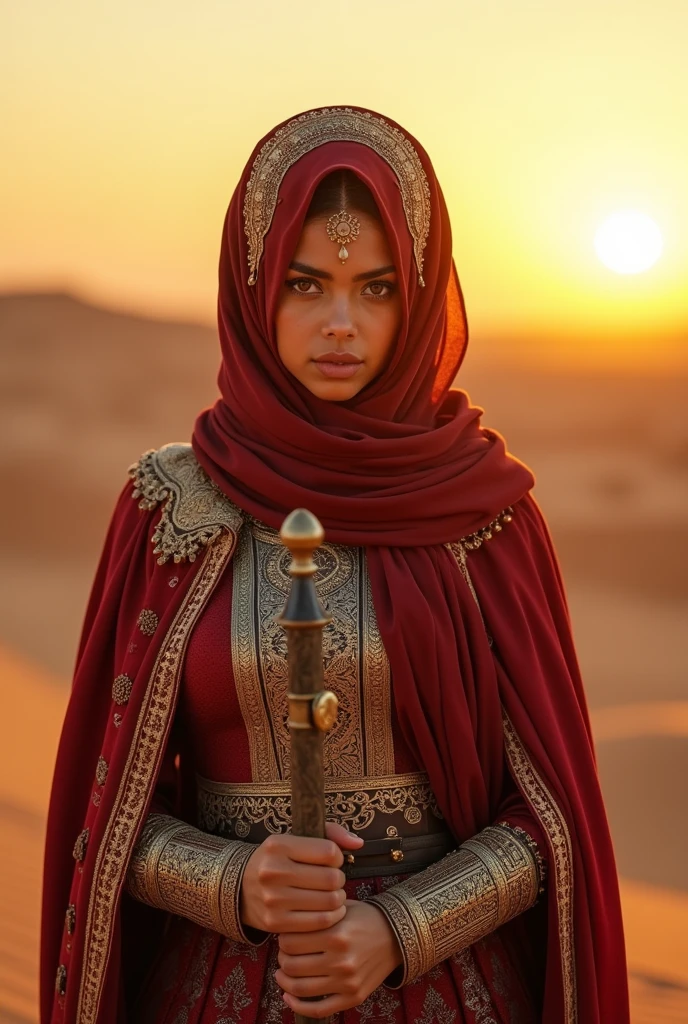 A beautiful Muslim warrior girl, hyper-detailed face, intense gaze, intricate hijab, ornate armor, standing in a desert landscape, dramatic lighting, cinematic composition, vibrant colors, digital art, photorealistic, highly detailed, 8K, (best quality, 4k, 8k, highres, masterpiece:1.2), ultra-detailed, (realistic, photorealistic, photo-realistic:1.37), cinematic lighting, concept art, fantastical, dynamic pose