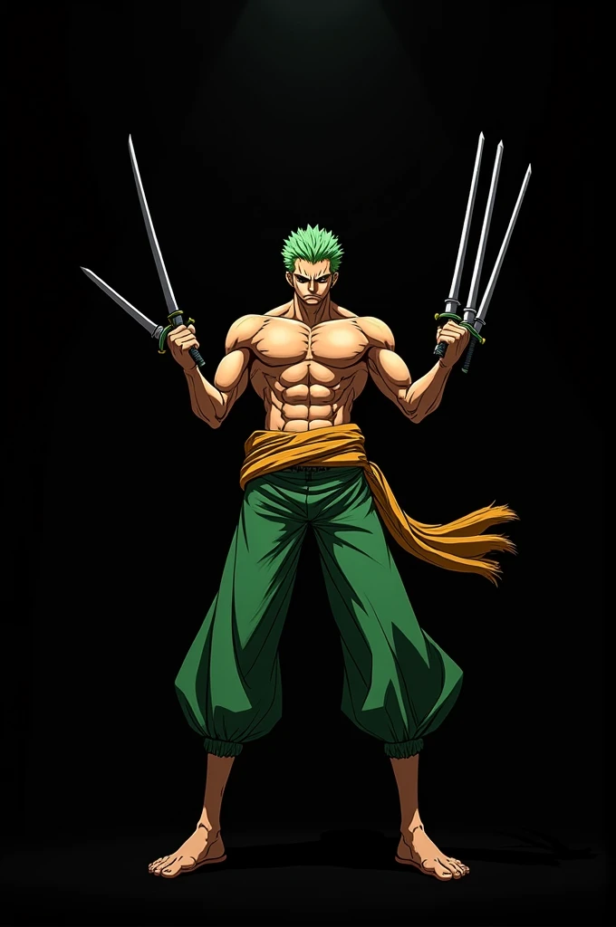 Roronoa zoeo holding 3 swords in black background with green court pants with a swag