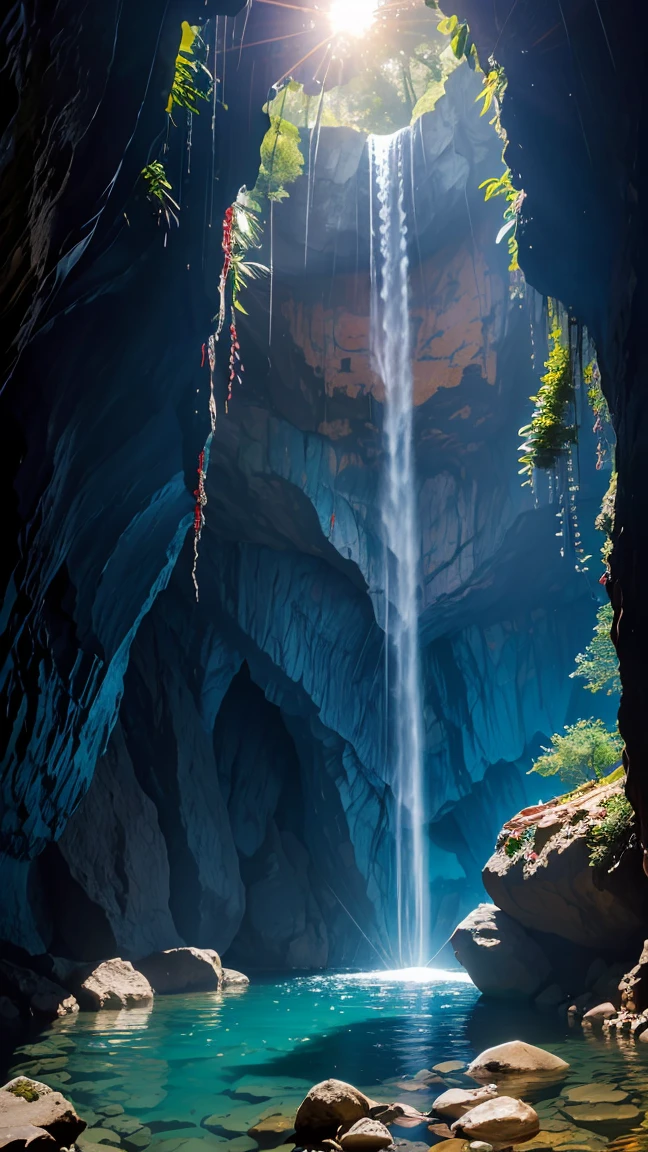  (8k, RAW Photos, 最high quality, masterpiece:1.2), High-quality RAW color photos, Professional photo shoot, Scenery of a small waterfall in a cave, water flowing, Quiet Flow, Amazing illumination, Mysterious cave scenery, dim, Rocks and shining stalactites, Water reflection, Lens flare, high quality, photo shoot.