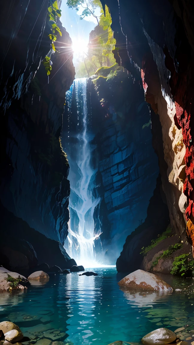 (8k, RAW Photos, 最high quality, masterpiece:1.2), High-quality RAW color photos, Professional photo shoot, Scenery of a small waterfall in a cave, water flowing, Quiet Flow, Amazing illumination, Mysterious cave scenery, dim, Rocks and shining stalactites, Water reflection, Lens flare, high quality, photo shoot.