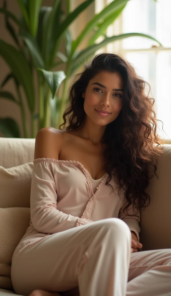 beautiful and hot indian woman, sitting on sofa, wearing loose off-shoulder top, pajama pants, long curly hair, indoors, soft lighting, plants in background, window with sunlight, cozy room, relaxed pose, realistic, intricate details,