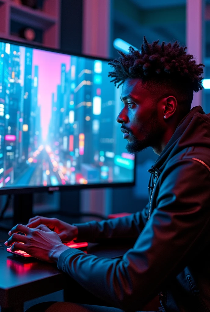 Drawing of a black man playing a cyberpunk and Assassin's Creed style video game