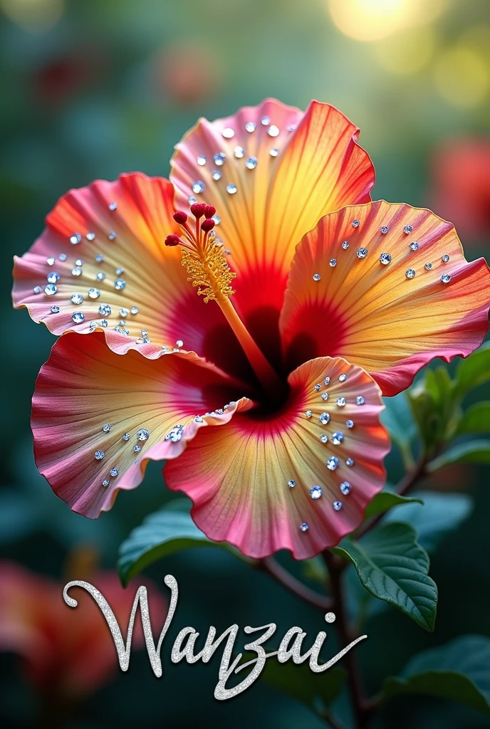 A single diamond-studded hibiscus flower in red,kuning,blue,putih beserta nama wanzai