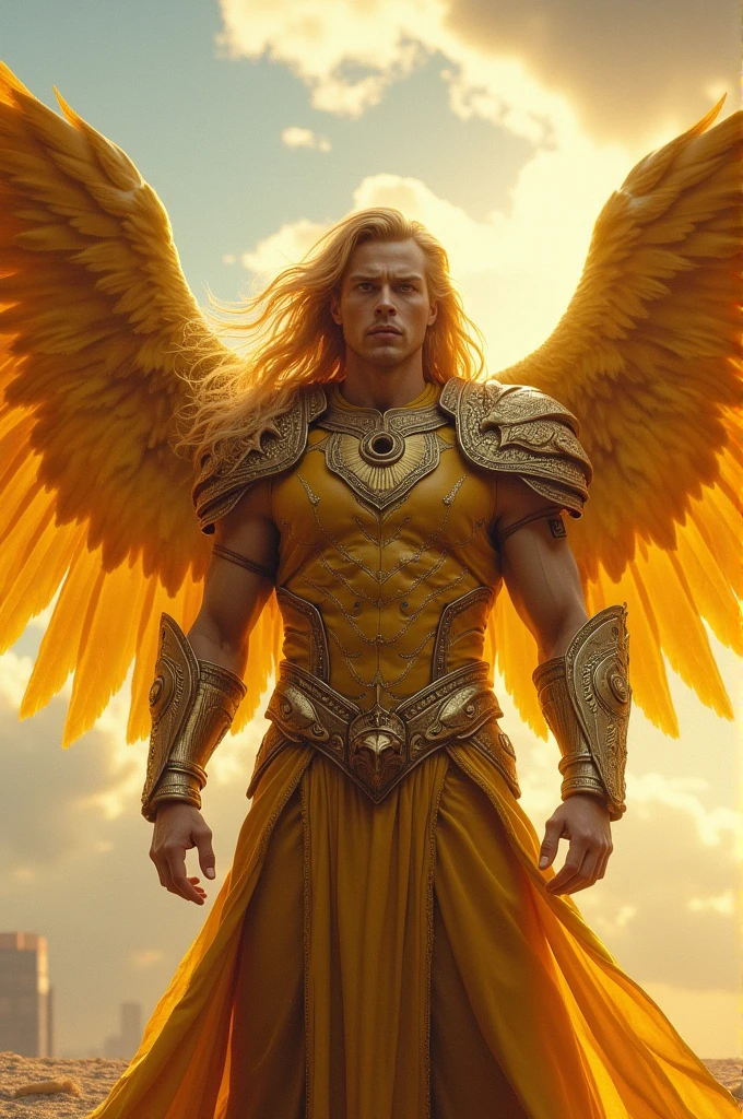 Aureon is distinguished by his golden mustard yellow hair and feathers, which gleam with a regal shine. His eyes are a sharp, intense yellow, reflecting his strength and valor. He wears ornate armor with griffin designs, and his wings, if visible, are majestic and covered in intricate feather patterns. His overall appearance conveys both nobility and courage.