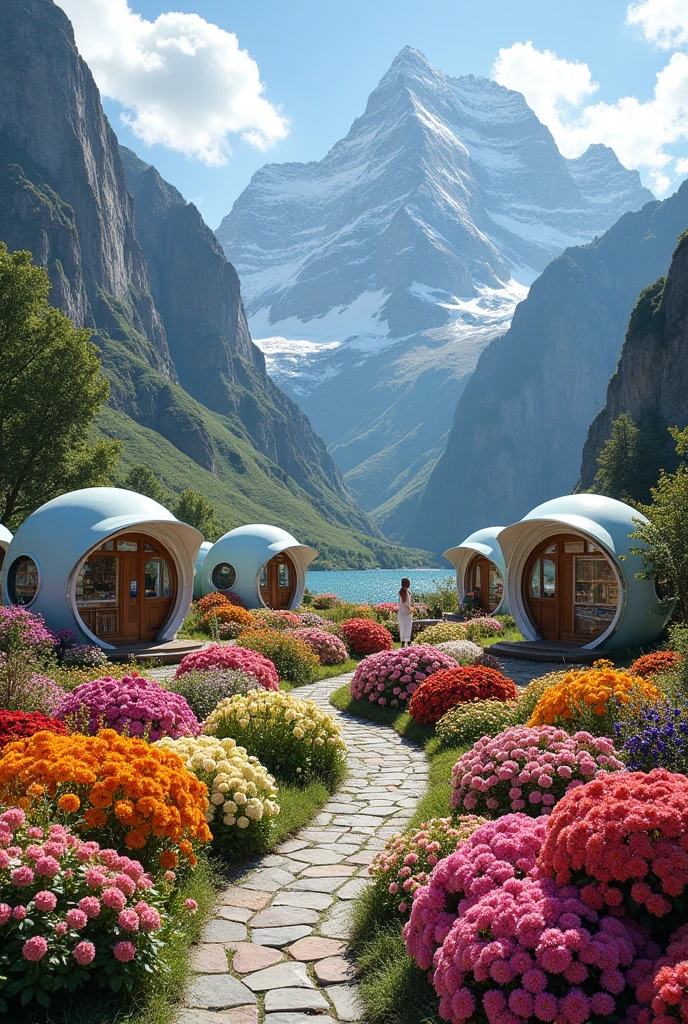 A mountain in which there are large area in which there are colour full flower in circles and there are shop in Circle capsules