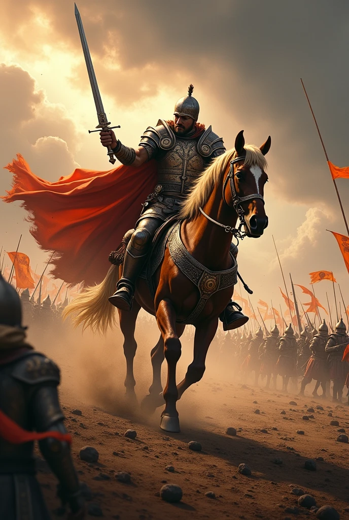 A warrior with sword on the horse in battlefield