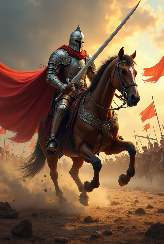 A warrior with sword on the horse in battlefield