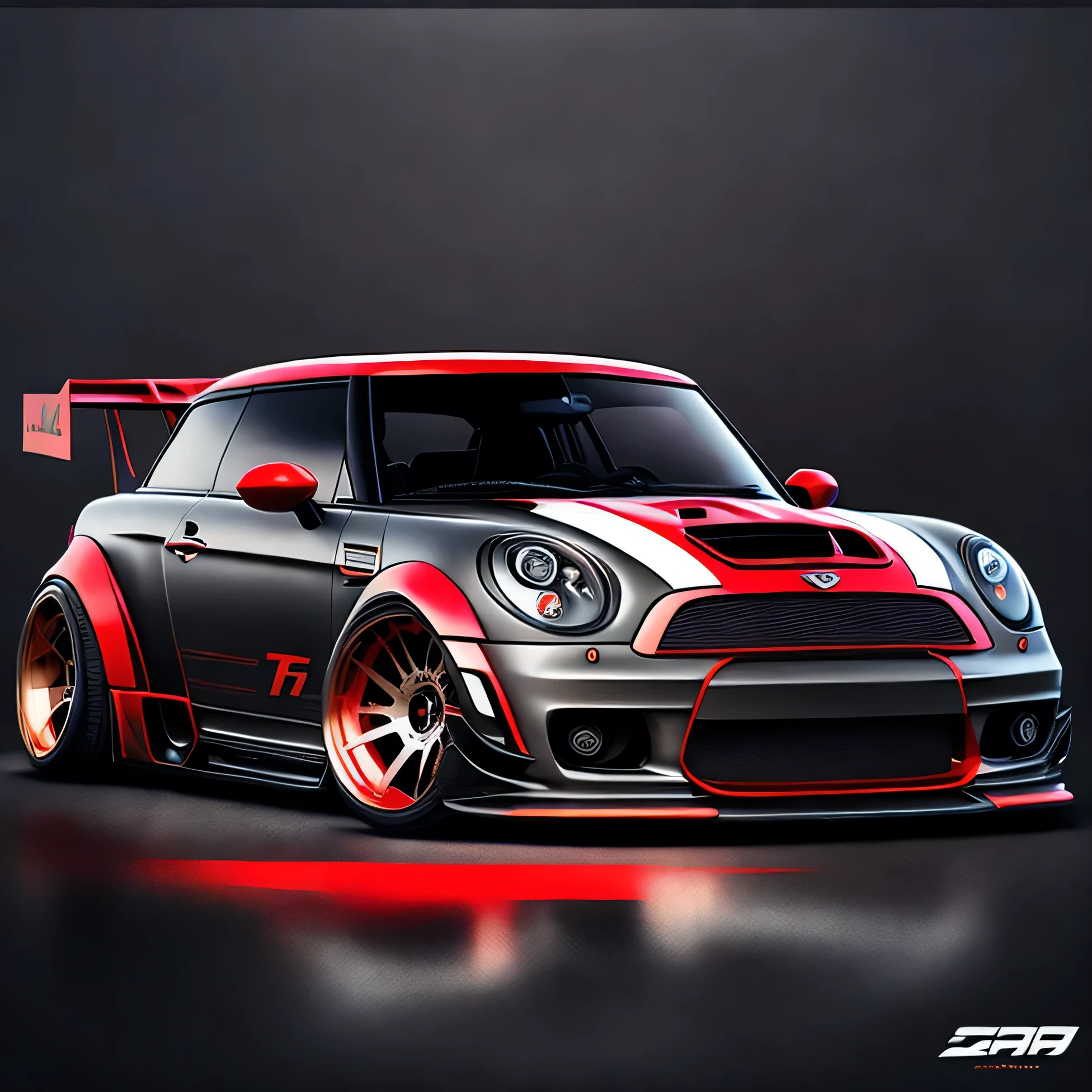 Zephyr Designz splash style Artwork for t-shirt graphic design front profile shot r53 Mini Cooper S matte grey and red colour scheme, Zephyr Designz carbon fibre body kit design, Liberty walk ultra wide body kit, aggressive stance background: racetrack, outside old industrial style building, large windows in background, bright sky, heavy industrial look, 8K quality, realistic, realism, sharp, detailed, ultrawide, ,epic ultra wide body kit, super low stance, aggressive looks , vector image