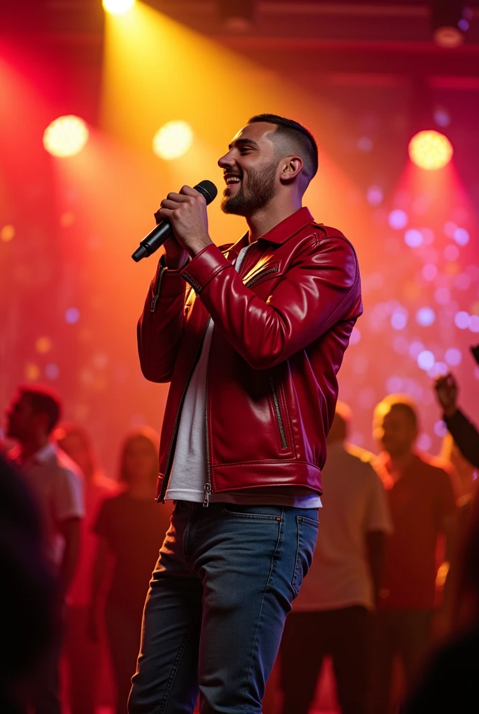 Handsome man crew cut hair wearing red leather jacket and white shirt and jeans, singing on the stage, red and yellow spotlight, karaoke atmosphere 