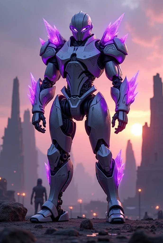 Human armored mechanoid, purple glowing crystals growing on the back