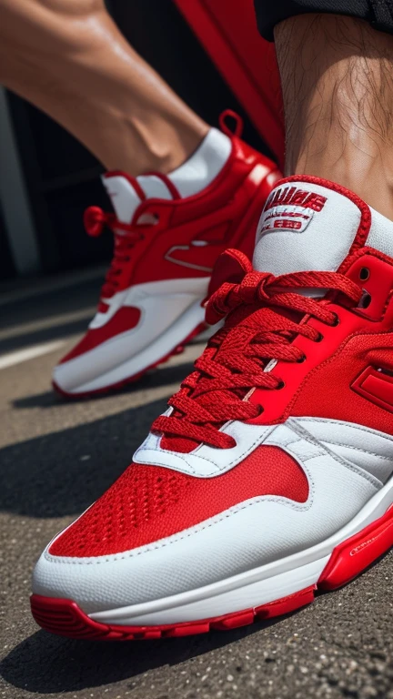Indian man weared pair of shoes with a tag on them, white red, focus on sneakers only, 8 k highly detailed โค๐ฅ ๐ฅ ๐ ๐ค ๐, ๐ฅ ๐ ๐น๏ธ ๐ :2, high shoes, ๐น๏ธ ๐ ๐ซ ๐ค ๐ฌ, speed racer, sneaker shoes, fire red, speedster, black and red only!!!