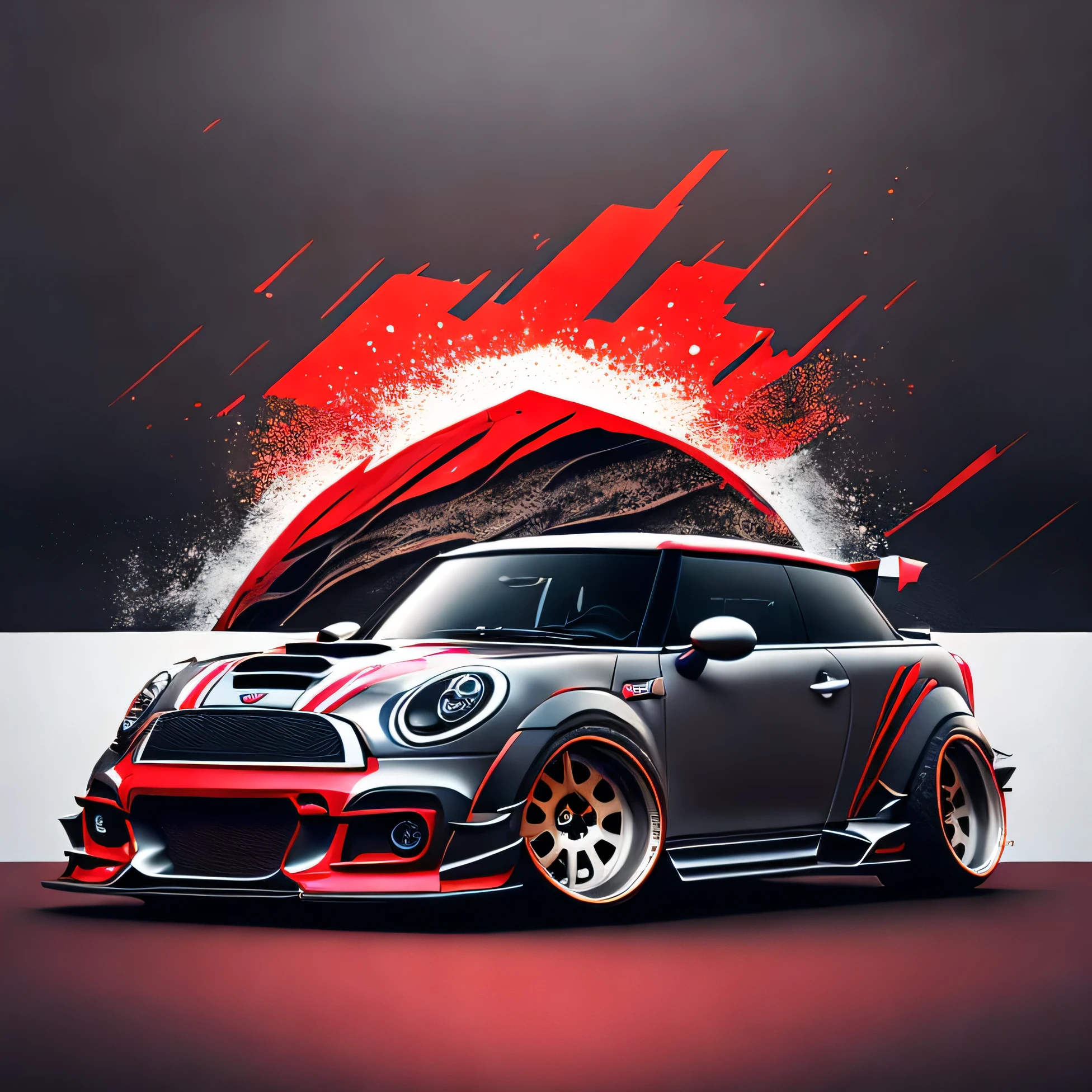 Zephyr Designz splash style Artwork for t-shirt graphic design front profile shot r53 Mini Cooper S matte grey and red colour scheme, Zephyr Designz carbon fibre body kit design, Liberty walk ultra wide body kit, aggressive stance background: racetrack, outside old industrial style building, large windows in background, bright sky, heavy industrial look, 8K quality, realistic, realism, sharp, detailed, ultrawide, ,epic ultra wide body kit, super low stance, aggressive looks , vector image