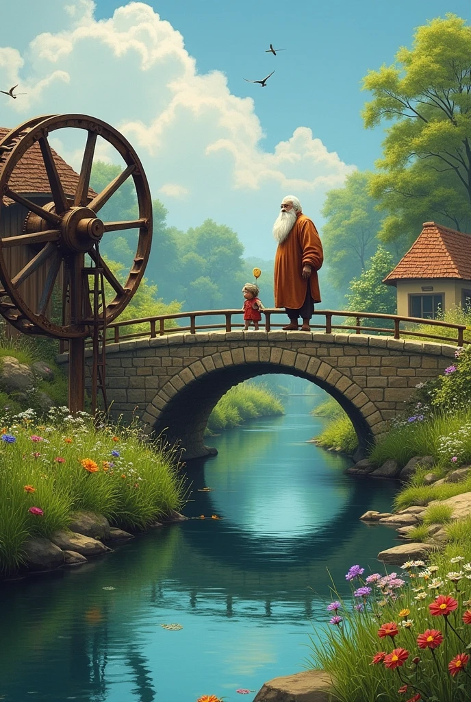 Create a picture of a village river a bridge on it.add a turbine on the left side.add rajit alam anf chute on the bridge. Add long beard at rajit alam. Where is chute?