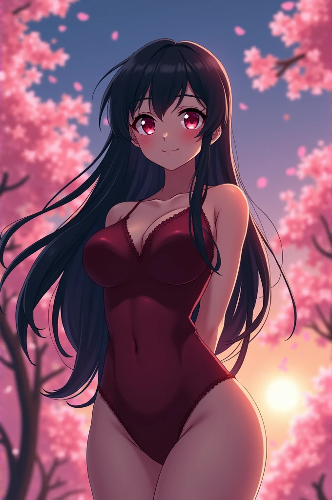 Big breasted big butt anime girl with black hair and red eyes makes a shy face, she is horny.