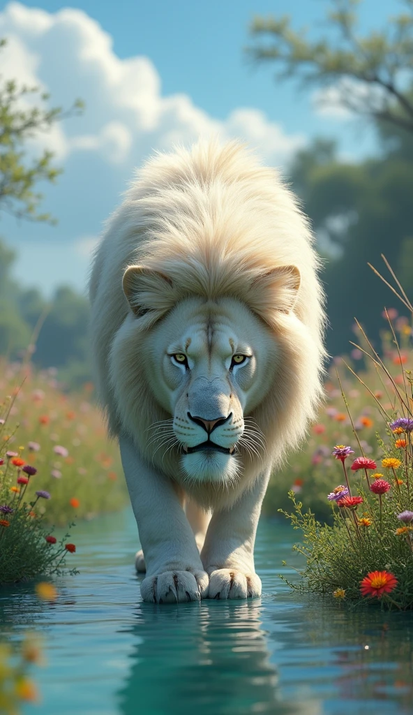 Generate an ultra realistic 8k image of a strong white Lion , beautiful and sturdy drinking water from a lake