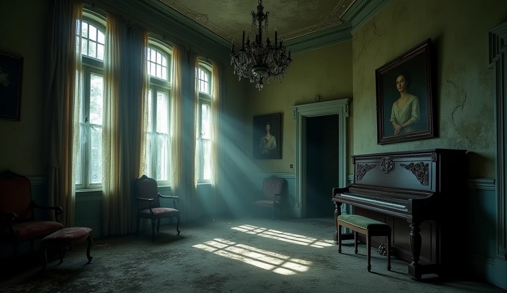 Dimly lit, eerie interior of the mansion with dust-covered furniture